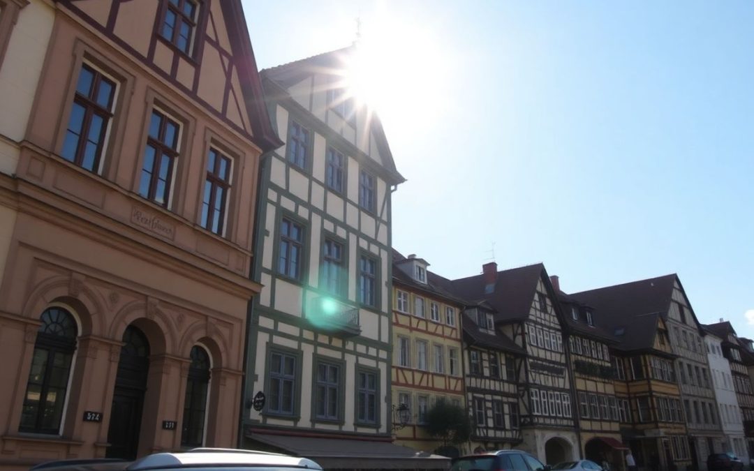 Historische Fachwerkhäuser in der Wiehre, Freiburg, sonniger Tag, lebendige Architektur, typische süddeutsche Baustil, charmantes Stadtbild, Nahaufnahme, Stadtarchitektur, Touristenattraktion, Straßenszene, Stadtviertel, Freiburger Innenstadt.