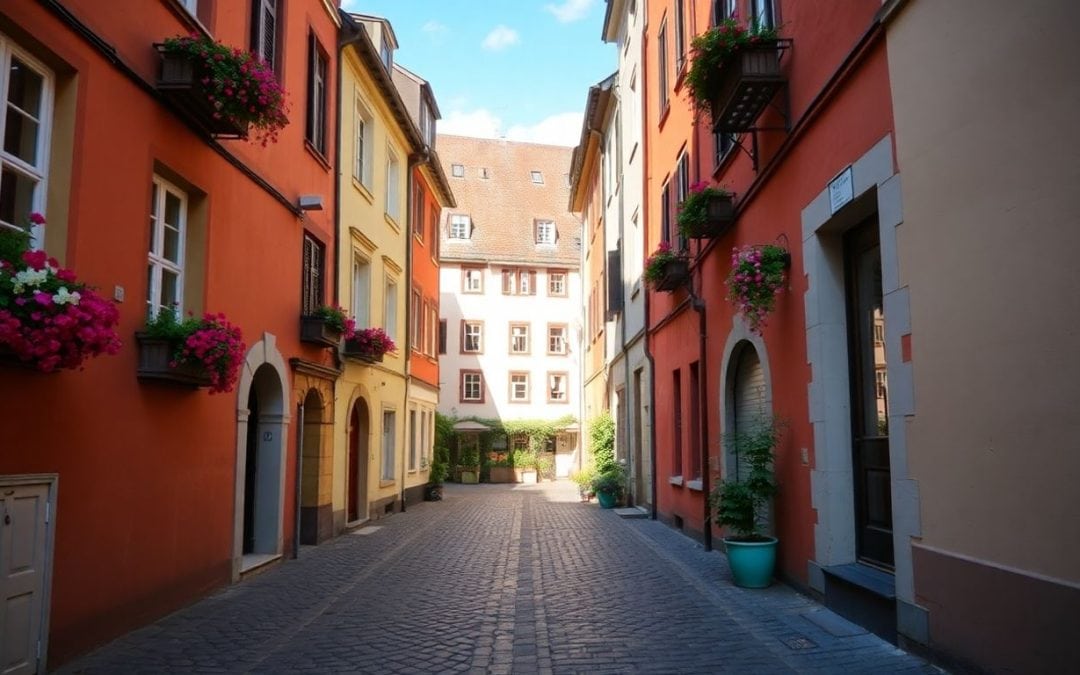 Bunte historische Gassen in der Wiehre, Freiburg, Deutschland, mit malerischen Fassaden und Blumenarrangements, typische Altstadt-Charme in einer ruhigen, gepflegten Umgebung.