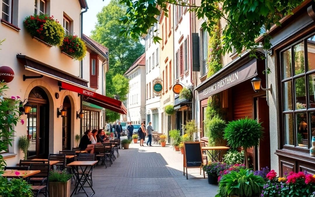 Gemütliche Straßencafés in der Wiehre, Freiburg, mit Blumenarrangements und historischen Gebäuden, perfekt für entspanntes Essen und Verweilen in sonniger Atmosphäre.